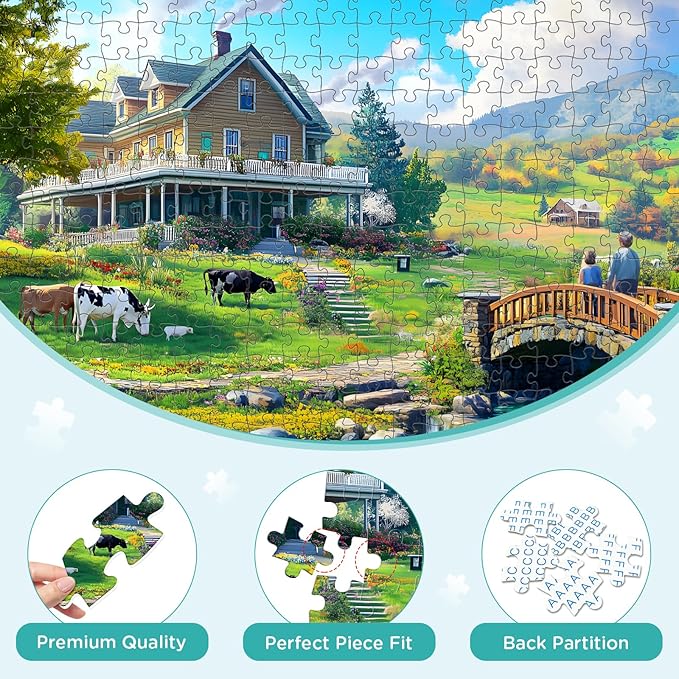 300 Pieces Puzzle for Adults Country Life Puzzle Recycled Cardboard Large Piece, Cows Jigsaw Puzzles 300 Pieces Challenging Game Home Decor Gift Toy for Adults Kids Seniors 20.5 * 15 inch