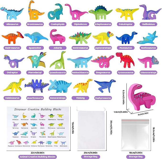 Wooden Toddler Puzzles, Montessori Learning Toys, ABC Alphabet Puzzle for Kids Ages 3-5, Cute Dinosaur Shape Letters Matching Game, Preschool Educational Toys Gift for Girls Boys 3 4 5 Years Old