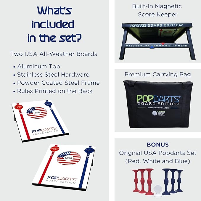 Popdarts USA Board Edition Set - Backyard, Indoor and Outdoor Game for All Ages - Great Cornhole Alternative - Includes 2 All-Weather Boards, Original Set, Travel Case, and Score Keeper