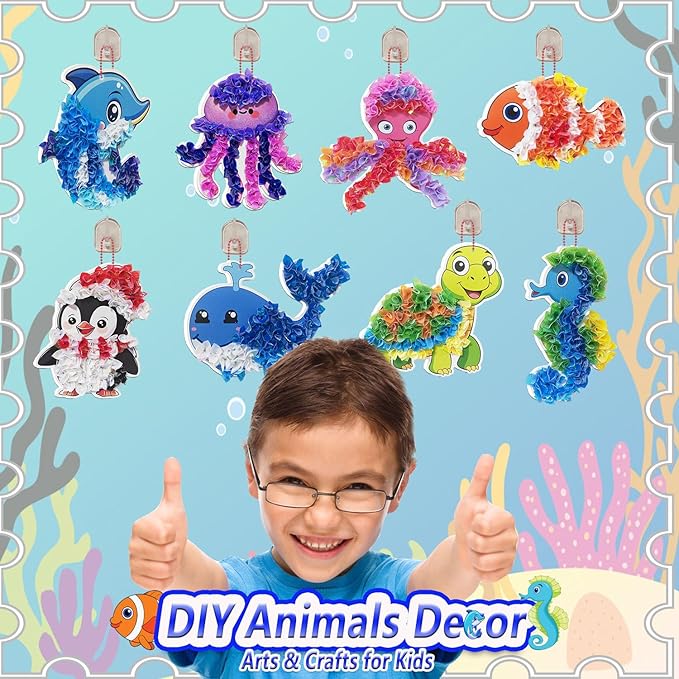mom&myaboys Mess-Free Poke Art for Kids Ages 4-8 - Ocean Animals Craft Kit (8 Sea Creatures: Jellyfish, Dolphin, Turtle & More) | Beginner Sewing Toys for Toddlers | Creative Gift for Girls and Boys