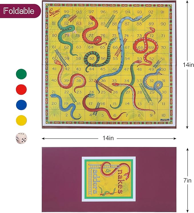 Classic Snakes and Ladders Board Game – Foldable Family Board Game with Dice & Pawns, Retro Educational Toy for Kids & Adults, Travel Portable Game Set for 2-4 Players Ages 3+