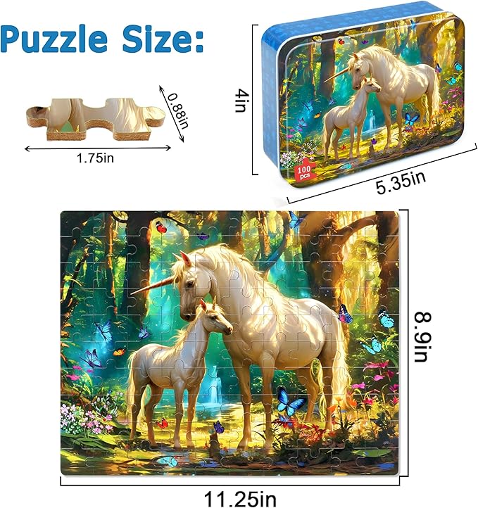 LELEMON Puzzles for Kids Ages 4-6,Unicorn 100 Piece Puzzles for Kids Ages 4-8 in a Metal Box,Educational Jigsaw Puzzles 100 Piece Puzzle Games Puzzle Toys for Girls and Boys