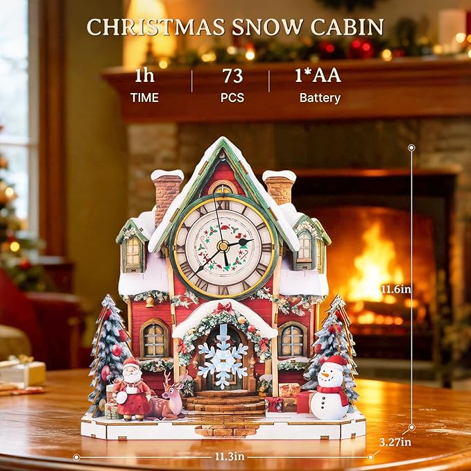 KAAYEE 3D Puzzle for Adult, Wooden Christmas Snow Cabin Pendulum Clock Puzzle Kit, 73 PCS DIY Vintage Wall Clock, Creative Craft Gift for Birthday Xmas Home Decor (Battery Not Included)