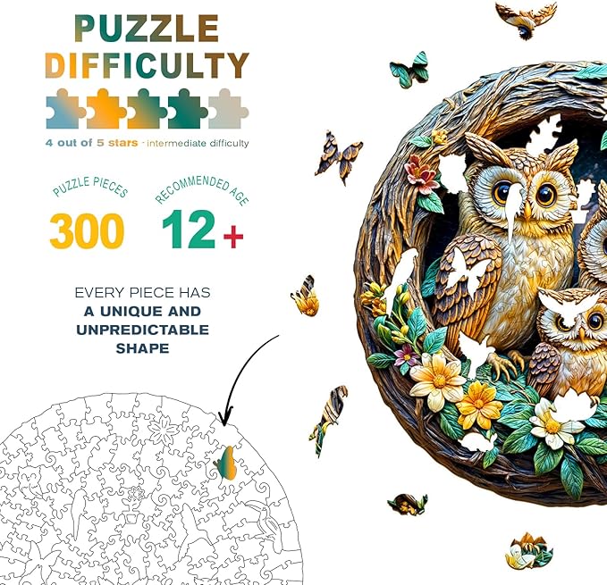 Wooden Puzzles for Adults - Owl Family Wooden Jigsaw Puzzle - Unique Shape 3D Vision Wood Puzzles Adult - Christmas Birthday Gifts for Adults/Friends/Family - 300pcs 13.4 * 13.1in