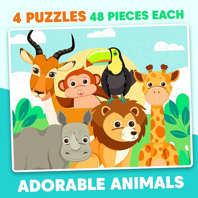 Jumbo Wooden Floor Puzzle for Kids Ages 3-5 - 4 Pack Animal Puzzles, 48 Piece Each |Educational Preschool Toddler Puzzle Gift Set, Safe & Durable Preschool Learning Toy for Boys & Girls| oddler Puzzle