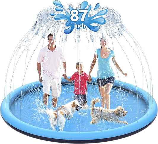 87" Non-Slip Splash Pad for Kids and Dog, Thicken Sprinkler Pool Summer Outdoor Water Toys, Extra Large Backyard Wading Pool for Children Boys & Girls or Pet Dog (Blue)