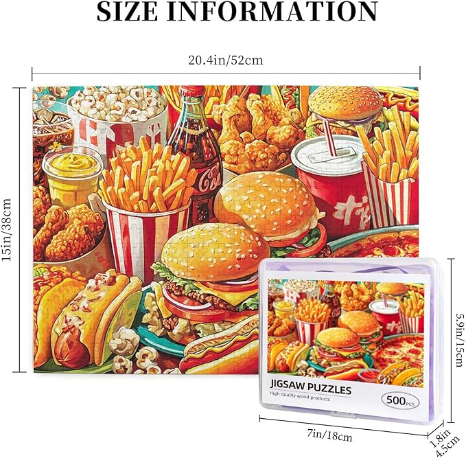 Hamburger Foods Jigsaw Puzzles for Adults 500 Pieces Colorful Food Pizza Chips Art Puzzle Colorful and Fun Challenging Puzzle for Game Nights
