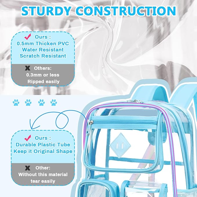 Clear Backpack for School,Heavy Duty PVC Transparent Bookbag for Girls Stadium Approved See Through Backpack