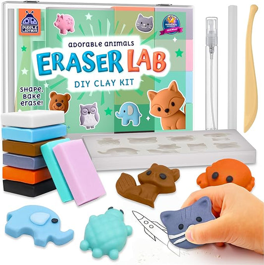 PURPLE LADYBUG DIY Clay Cute Mini Eraser Kit for Kids - Students Desk Pet Animals Make Your Own Erasers Kit, Arts and Crafts for Kids Ages 8-12 4-8, Ideal for School Supplies, Gifts & Creative Play
