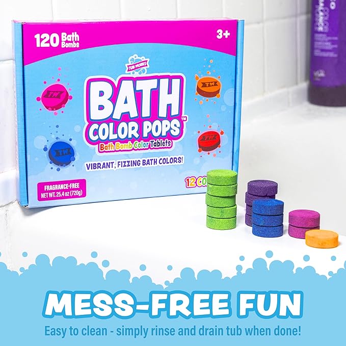 Tub Works® Bath Color Pops™ Moisturizing Kids Bath Bombs, 120 Count | Bath Bomb Refills for Bath Color Brush | Nontoxic & Fragrance-Free | 12 Unique Colors | Fizzy, Vibrant Water Color Tablets
