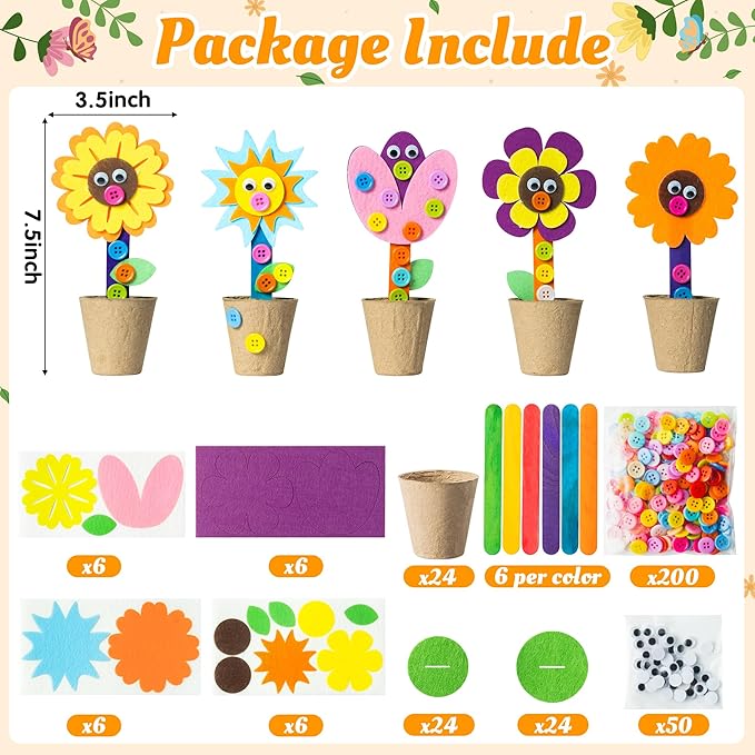 WATINC Mother's Day Spring Felt Flower Craft Kits - Make Your Standing Flowers Gift Crafts with Buttons Flower Pot Decor, DIY Flowers Decorations Home School Fun Activities for Mom Kids (24Pcs)