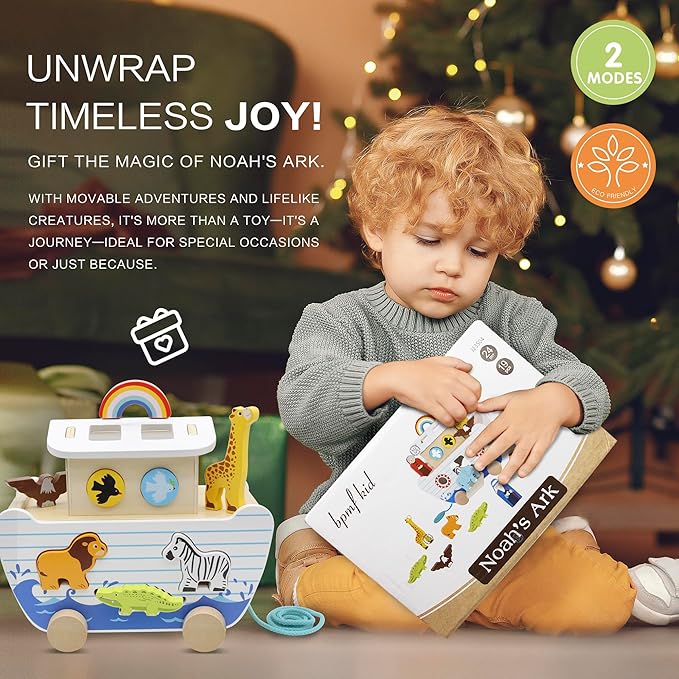 Noah's Ark Wooden Toy Set, Educational Wooden Animal Toys for Toddlers, Montessori Shape Sorter Educational Toys, Bible Story Engagement & Perfect Baptism, Christening Gift for 2-4 Y