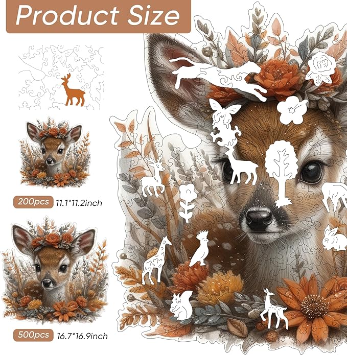 Ruikiyart Wooden Puzzles for Adults, 5MM 200 Pieces Cute Deer Wooden Jigsaw Puzzles, Animal Puzzle Unique Shape Pieces Gift for Kids and Adults on Birthday, Thanksgiving, Christmas (11.1"x11.2")