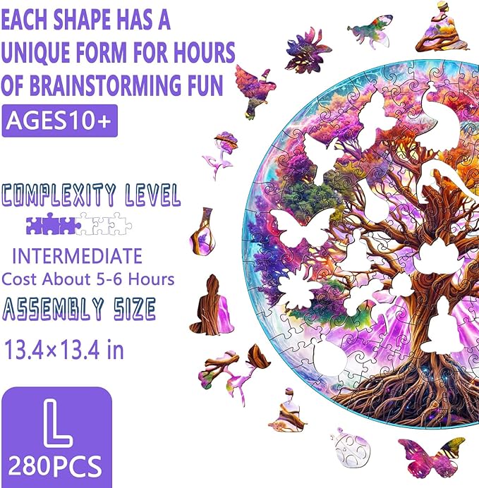 Wooden Puzzles for Adults - Dreamy Tree of Life Wooden Puzzle, Unique Shape Wood Jigsaw Puzzles for Adults, Wood Puzzles Adult, Perfect for Birthday, Family Puzzle, 280 Piece 13.4 x 13.4in Large