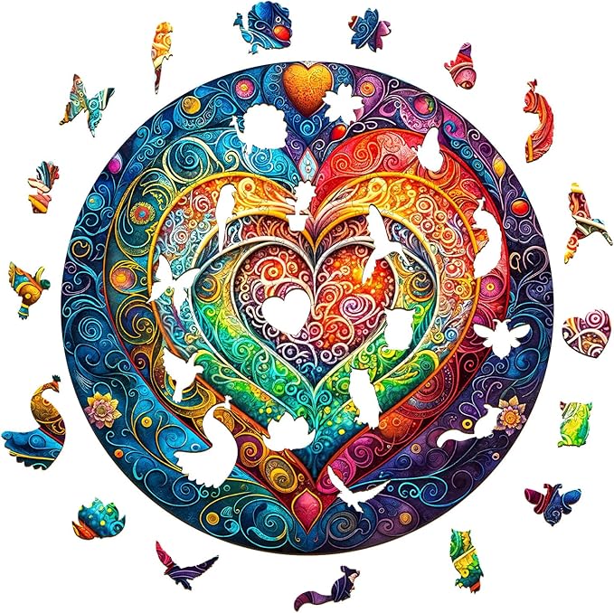KAAYEE Wooden Puzzles for Adults, 3D Visual Effect Mandala Heart Wooden Jigsaw Puzzle Unique Shape Wood Puzzle Adult, 3D Effect Flat Puzzle Birthday Family Game (M-11.4 * 11.4 in-200pcs)