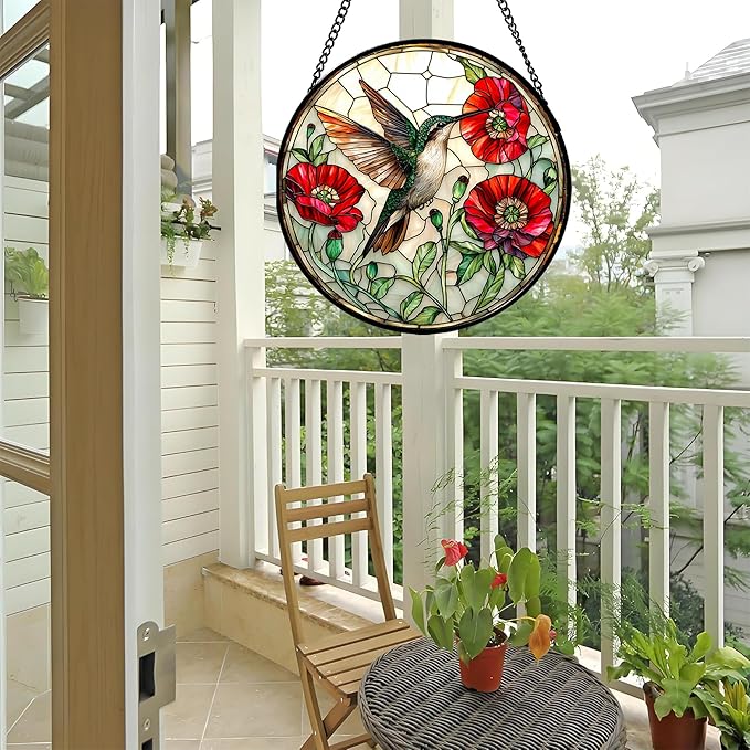 Stained Glass Window Hanging - Green Hummingbird Red Flower Suncatcher for Door Terrace Garden Home Decor Bird Landscape Sun Catcher Birthday Gifts for Lovers Women Men Dad Mom Nana 11.8 in