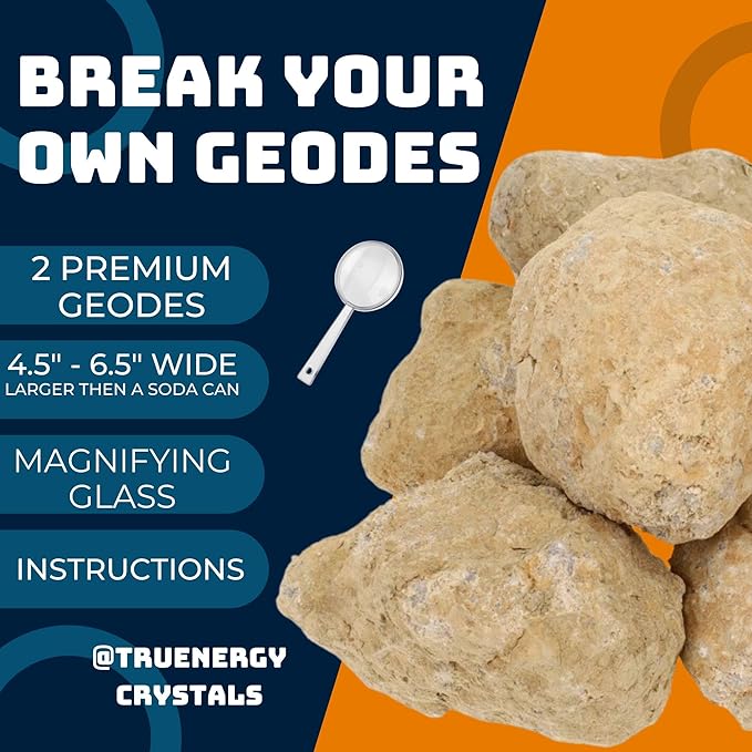 Jumbo Break Your Own Geodes Kit – 2 Natural Geodes 4.5 to 5.5+ Inches - Magnifying Glass & Learning Guide – Fun STEM Activity for Kids Easy-to-Open - Jumbo