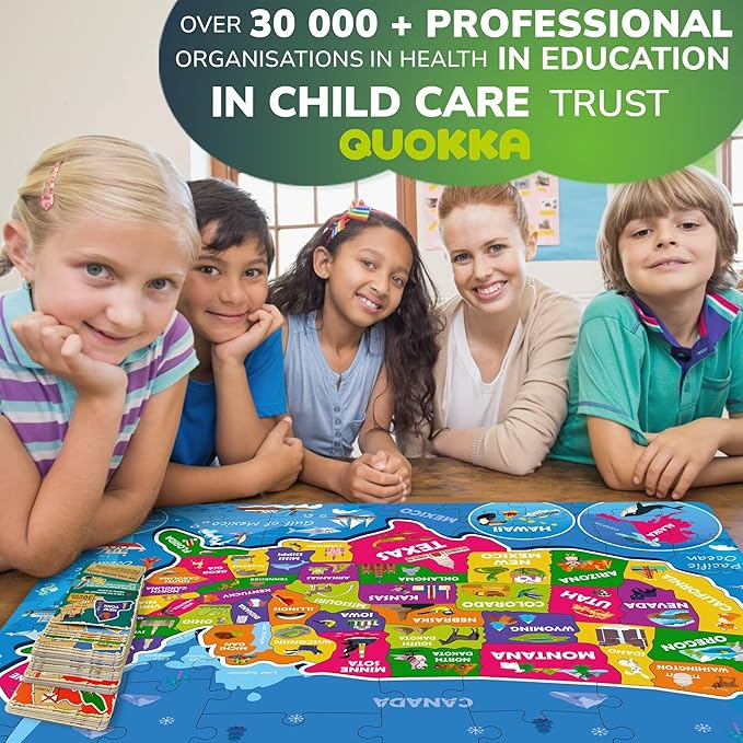 QUOKKA United States Puzzles for Kids Ages 4-6 - 70 Pcs Floor Puzzles for Kids Ages 6-8 Preschool Activities - Includes 50 Cards with 400+ USA Facts- State-Shaped Jigsaw Puzzle Gift for Girls Boys