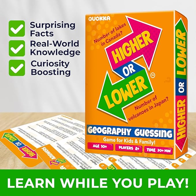QUOKKA Trivia Board Games for Kids and Adults - Version V2.0 - Family Night Geography Games 4xSet Higher or Lower Trivia Cards | Guess Fun Questions | 2 + Players - Challenge Your Geography Knowledge