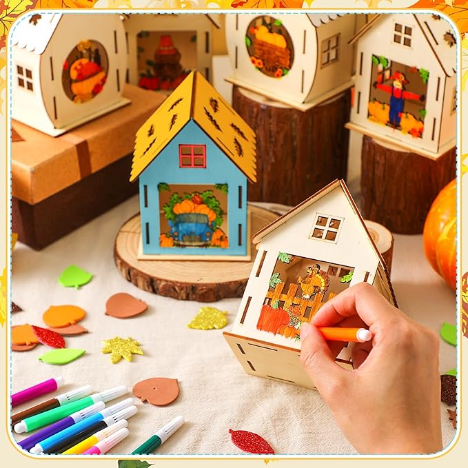 12 Sets Thanksgiving Wooden Houses Craft Harvest Graffiti Turkey House Pumpkin Maple Leave DIY Table Decor 12 DIY Unfinished Craft Kit 12 Watercolor Pens 100 Foam Stickers