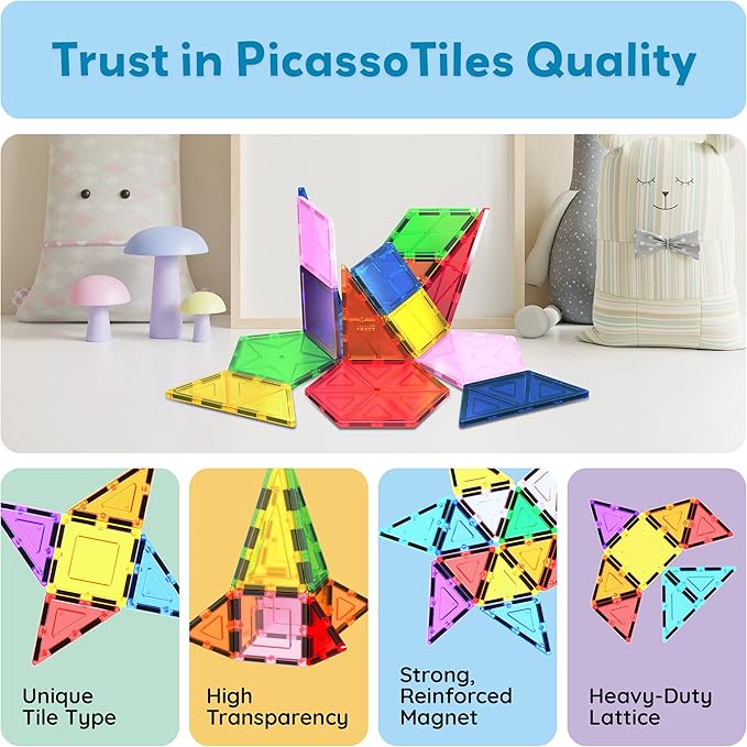PicassoTiles Magnetic Building Block Set Geometry Shape Magnet Tiles Construction Toy STEM Learning Kit Educational Playset Playboard Pretend Play Stacking Blocks Child Brain Development PT16
