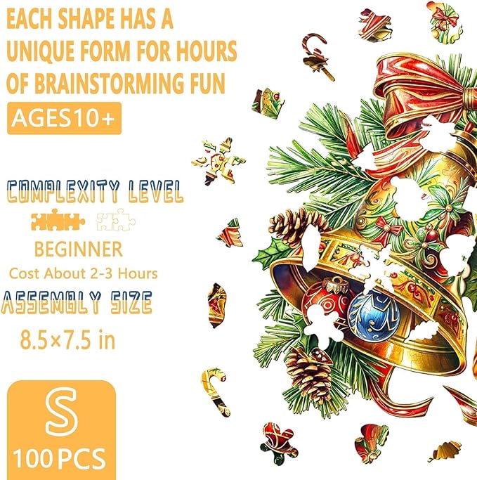 Wooden Puzzles for Adults, Bells Wood Puzzles Adult, Wooden Jigsaw Puzzles for Adults, Holiday Winter Puzzle, Unique Animal Shape, Gifts for Friends and Family(S-8.5 * 7.5in -100 Pcs)
