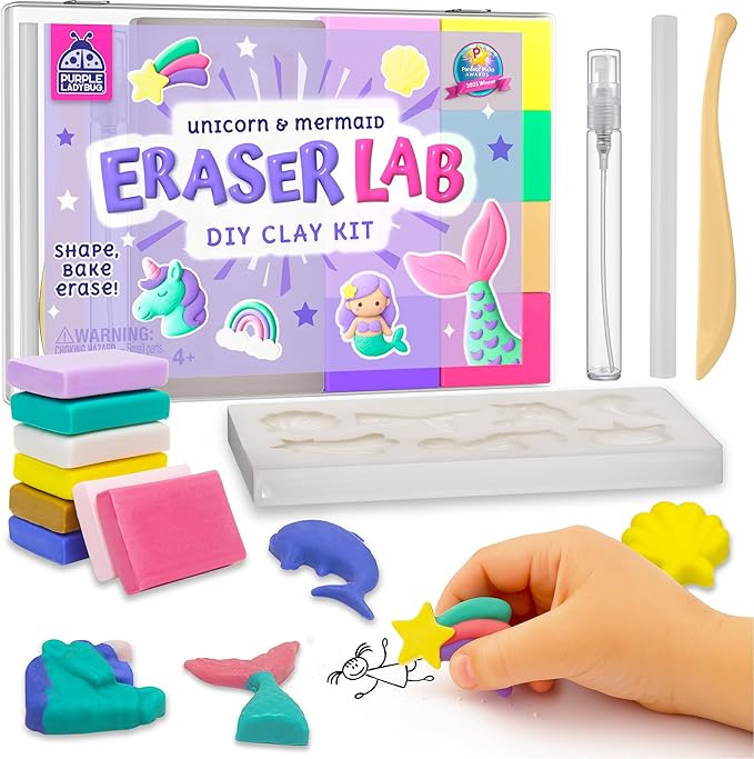 PURPLE LADYBUG Eraser Lab DIY Clay Mini Cute Eraser Kit for Girls - Unicorn & Mermaid Theme - Fun Craft Activity for Girls Aged 4 5 6 7 8 9 10, Perfect Back to School Supply & Birthday Gift Idea
