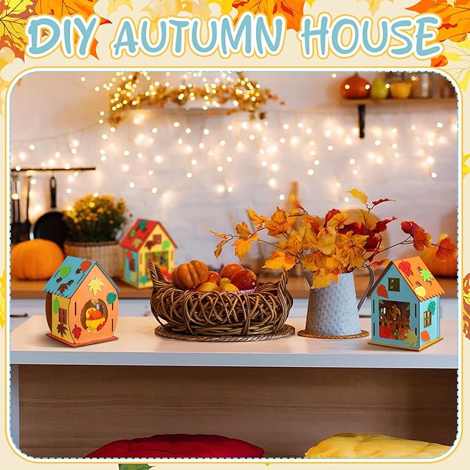 12 Sets Thanksgiving Wooden Houses Craft Harvest Graffiti Turkey House Pumpkin Maple Leave DIY Table Decor 12 DIY Unfinished Craft Kit 12 Watercolor Pens 100 Foam Stickers