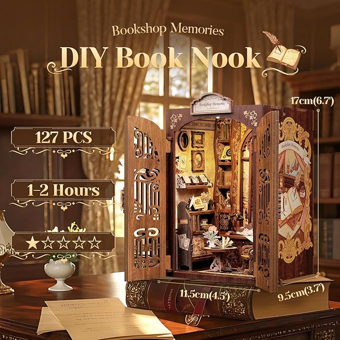 CUTEBEE DIY Book Nook Kit, Miniature House Kits for Adult and Teens, DIY Miniature Book Nook kit with Sensor Led Light, Gifts for Lovers and Family (Bookshop Memories)