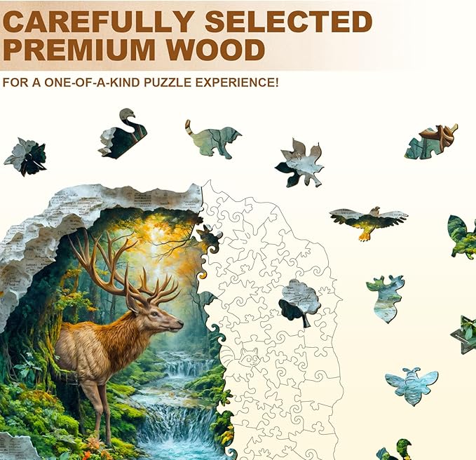 Jigfoxy Wooden Puzzle for Adults, Deer Jigsaw Puzzles for Adult, Unique Animal Shape Wood Cut Puzzles, Christmas Thanksgiving Gifts for Friends Family (S-8.5 * 8.2in-100pcs)