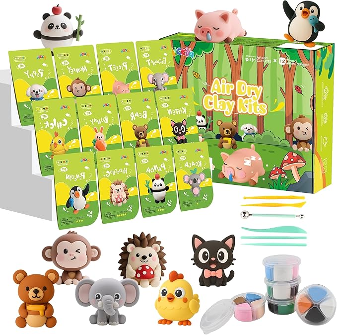 Air Dry Clay Kit, 12 Animals Modeling Clay for Kids, Model Magic Clay with Sculpting Tools and Tutorials, Safe & Non-Toxic, DIY Arts & Crafts School Projects, Home Party Favors for Boys & Girls