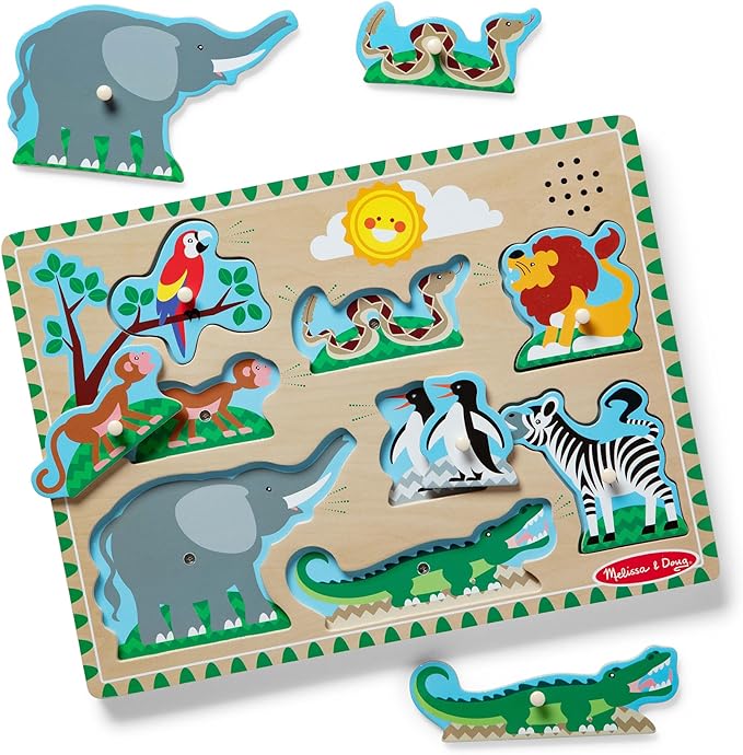 Melissa & Doug Zoo Animals Sound Puzzle – 8-Piece Wooden Peg Puzzle with Light-Activated Sounds, Music Learning Toy for Toddlers and Preschoolers Ages 2+