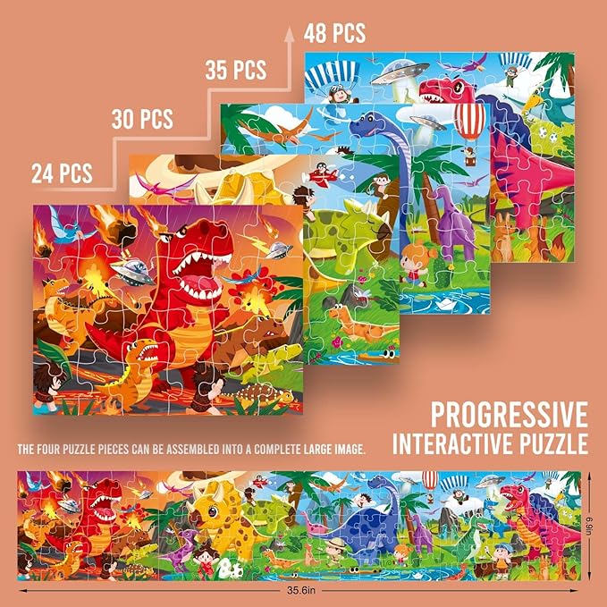 Dinosaur Puzzles for Kids Ages 3-8，4 Pack Progressive Jigsaw Puzzles (24/30/35/48 Pieces) for Toddlers & Children，Educational Floor Puzzles for Gifts