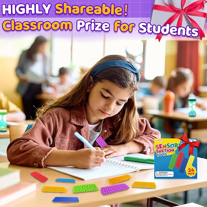 Sensory Fidget Toys Kids Adults: 24 Pack Textured Suction Toys for Autism Kids Calming - Sensory Stickers for Anxiety Relief - Fidget Strips for Classroom Desk - Travel Toys Road Trip Essential