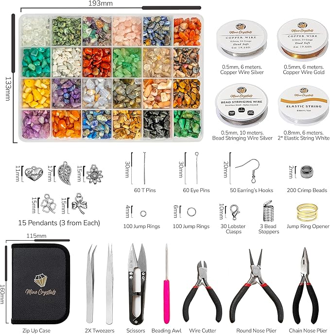 MineCrystals Jewelry Making Kit DIY Natural Crystal Chip Stones Beads Tools kit Jewelry Wires Findings Supplies Instruction Guide Gift Box for Adult Teens Craft Bracelet Earring Necklace