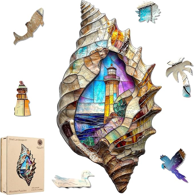 Wooden Puzzles, Shell Landscape Jigsaw Puzzles 200 Pieces, Unique Shaped Wooden Puzzle for Adults and Kids, Ghristmas Gift Family Game 15.2 x 8.3 Inch