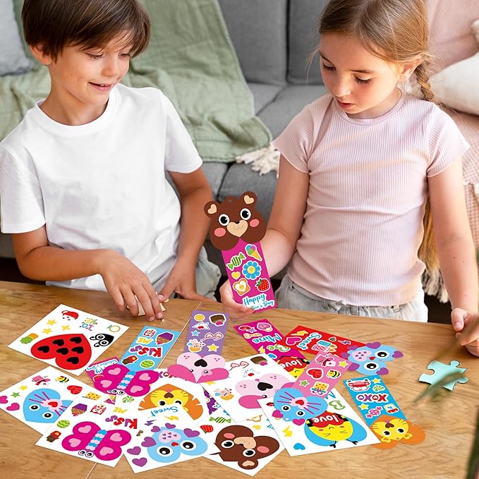 ANGOLIO Valentine's Day Bookmarks Craft Kits - 40Sets Valentine's Day Animals Craft for Kids DIY Make Your Own Heart Animal Set Self-Adhesive Face Stickers for Kids Classroom Gifts Party Supplies