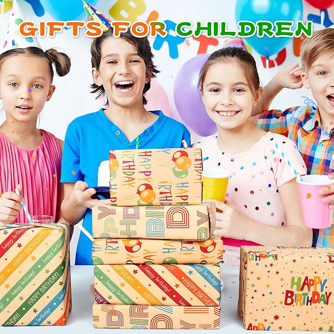 Wrapping Paper Birthday Gift Wrapping Paper Sheets Set, Kraft Birthday Gift Wrap Set,Balloon Star Happy Birhtday Paper with Tags String,Bday Present Wrap for Boy Girl Women Men