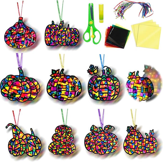 EggSun 36 Sets Fall Halloween Pumpkin Suncatchers Craft for Kids Ornaments Stained Glass Window Arts and Crafts Kit for Thanksgiving Classroom Holiday Projects Home Party Favors Decorations Age 4 8 12
