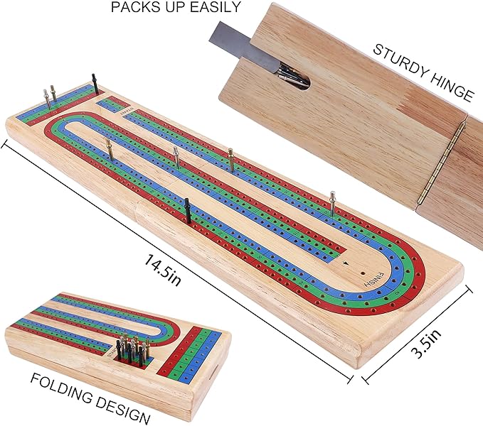 GOTHINK Cribbage Board Game Set w/Storage - 9 Metal Pegs, 2 Decks of Playing Cards, 3-Track Folding Wooden Board Games for Adults & Kids - 2-4 Player Games - Ideal for Family Game Night, Travel
