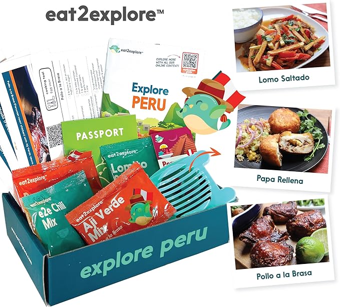 eat2explore Cooking Kits for Kids - Interactive & Educational Set with 3 Recipe Cards, Key Ingredients & Cooking Tools - Ideal Idea for Kids who Love to Create Meals (Peru Edition)