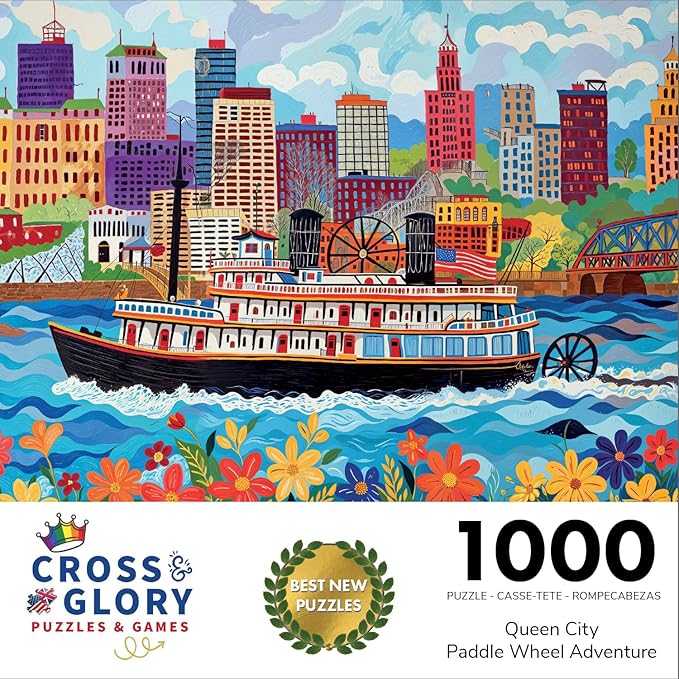 Cross & Glory - Queen City Paddle Wheel Adventure - 1000 Piece Jigsaw Puzzle for Adults | Historic Cincinnati Riverboat Scene | Vibrant Folk Art Design with Satin Finish | 20x27 Inches