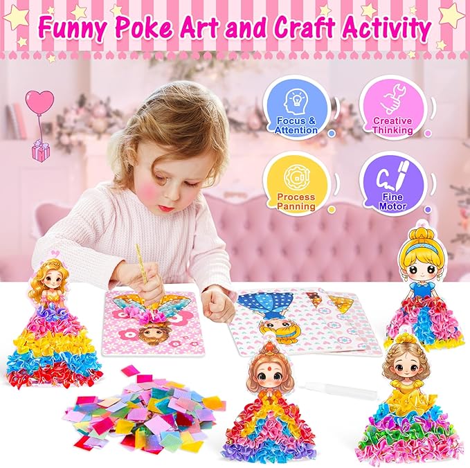 RIEYON Poke Poke Art Kits - Magical Princesses for Kids, 8 Princesses & 1 Flower Arts and Crafts Mess-Free DIY Creative Activity Kits, Birthday Christmas Gifts for Girls & Boys Ages 4 5, 6, 7, 8, 9,10