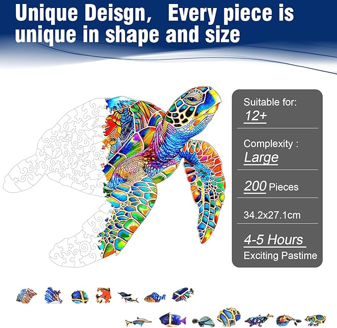 Wooden Jigsaw Puzzles, 300 Piece Sea Turtle Wood Puzzles, Wooden Puzzles for Adults and Teenagers, Uniquely Shaped Pieces, Challenging Puzzles for Puzzle Lover, Premium 5mm Wood