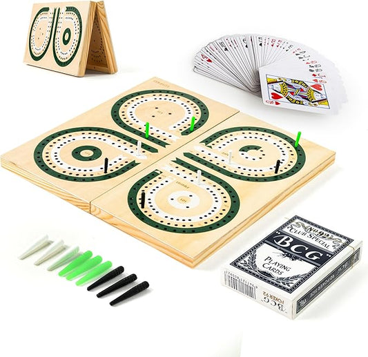 Foldable Wooden Cribbage Board Set, Unique 3-Track Travel Board with Storage & Magnetic Closure, 9 Multi-Colored Pegs, Full Playing Card Deck, Portable Family Game for Adults, Kids, Gatherings & Gifts