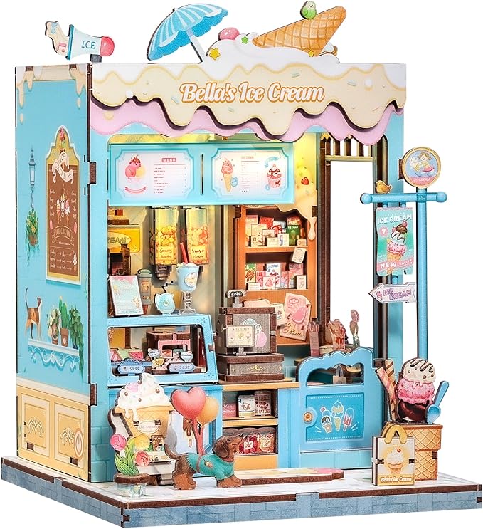 CUTEBEE Book Nook Kit, DIY Miniature House Kits for Adult and Teens, Dollhouse Booknook Tiny House, Bookshelf 3D Wooden Puzzle, DIY Craft Gifts for Family and Friends (Bella's Ice Cream)