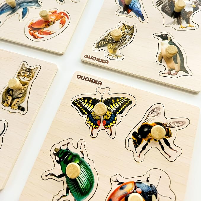 QUOKKA Wooden Puzzles for Toddlers 1-3 – 6 Pegged Puzzles for Kids Ages 2-4 – Animal and Fruits Learning Toy for Kids – Gift Realistic Educational Game for Boy and Girl