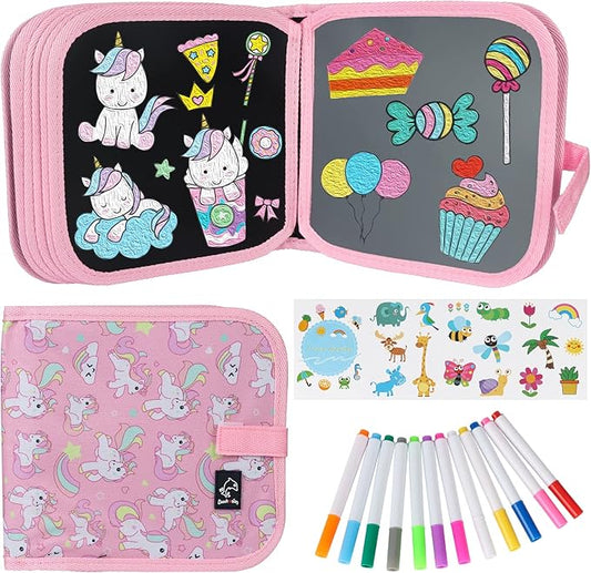 Erasable Book Doodle Set for Kids,Reusable Magic Drawing Book for Kids with 12 Watercolor Pens 14 Page Drawing,Road Trip Car Game Writing Painting Set for Boys and Girls (Pink Unicorn)
