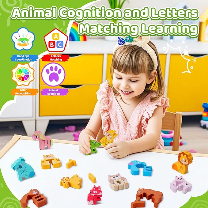 Wooden Toddler Puzzles, Montessori Toys ABC Alphabet Puzzle for Kids Ages 3-5, Cute Animal Shape Letters Matching Game, Preschool Learning Educational Toys Gift for Girls Boys 3 4 5 Years Old