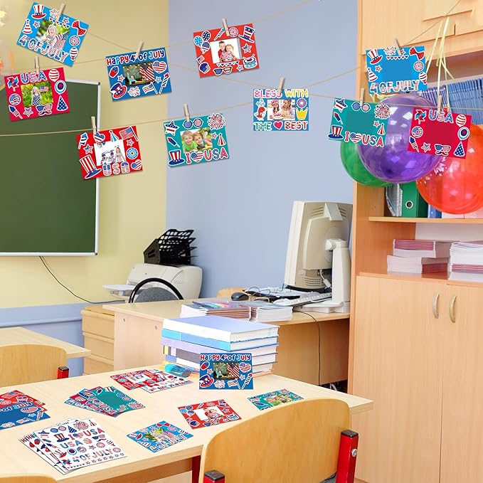 30 Packs 4th of July Picture Frame Craft Patriotic Craft for Kids with Star USA Flag Art Stickers Home Classroom Day-Care Kindergarten Game Activities Party Décor